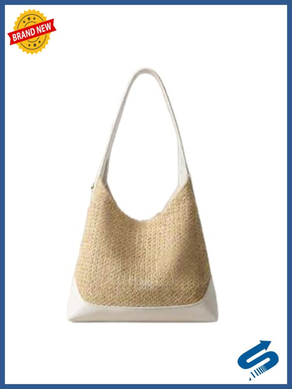 Straw Woven Slouchy Hobo Tote Beach Bag with Faux Leather Trim